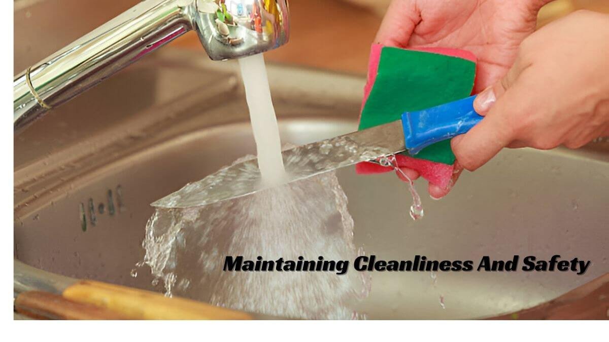 Washing and sanitizing a knife with water and sponge in the kitchen