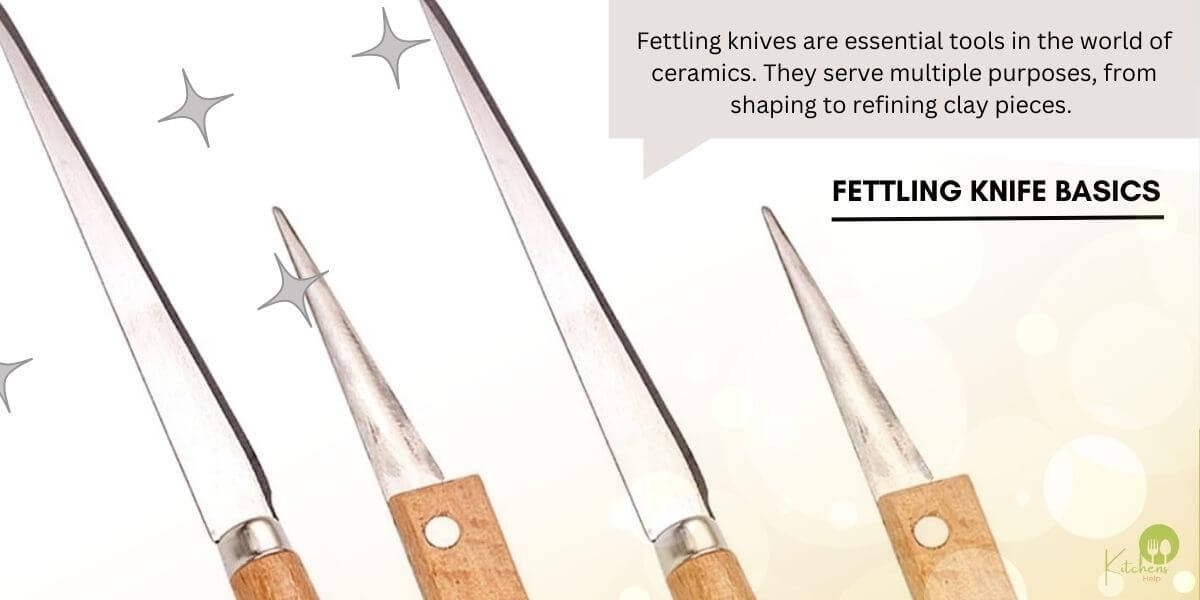 Three fettling knives with wooden handles, used for shaping and refining clay in ceramics