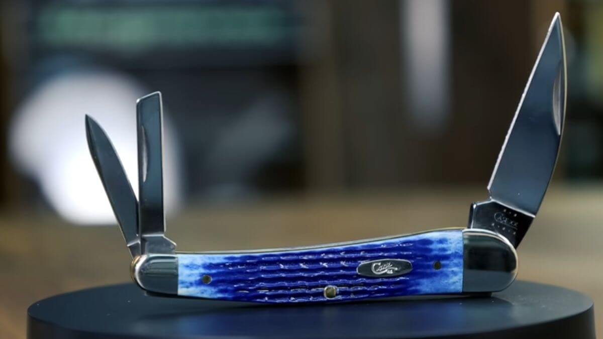 Blue handle Case knife with three open blades on display