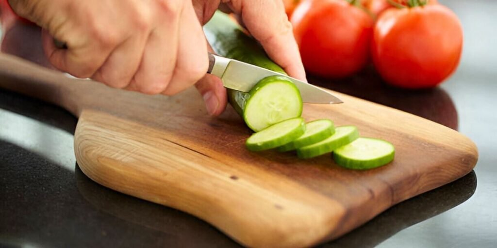 A man cuts a cucumber using a paring knife
