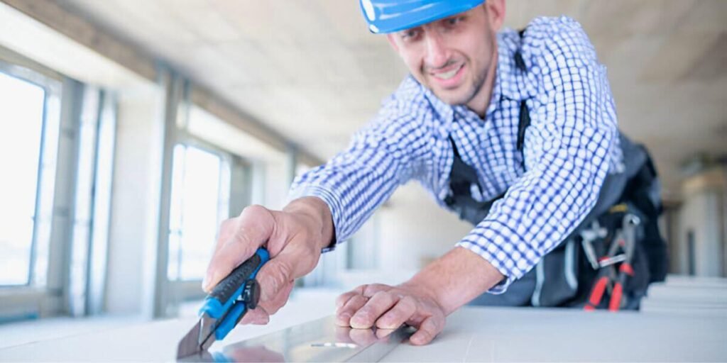 Worker using a utility knife on a construction site
