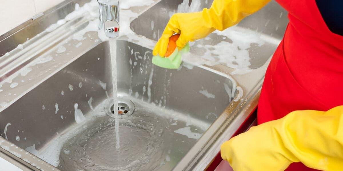 Clean the kitchen sink wearing hand gloves