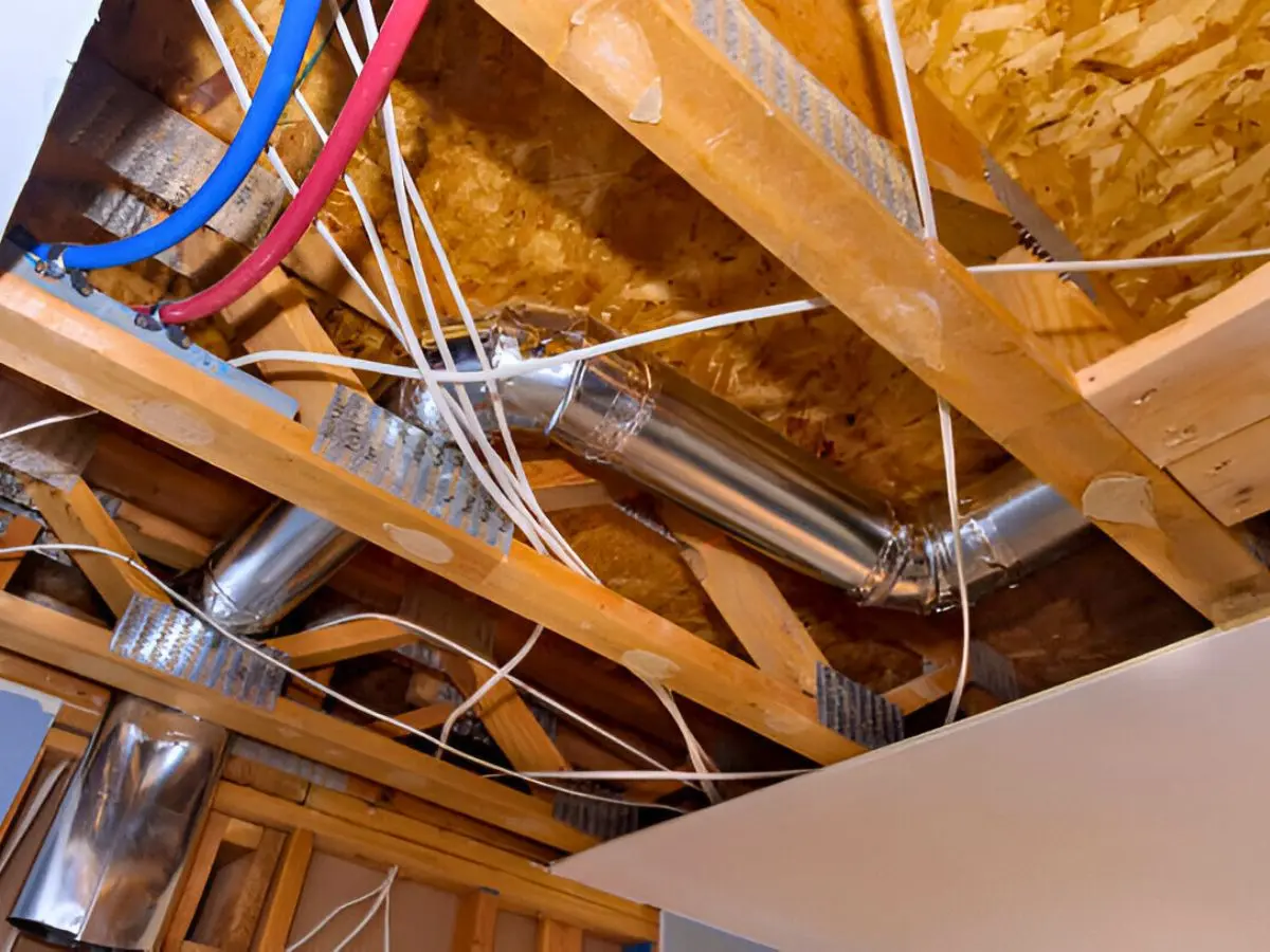 HVAC system installation under wooden floor beams with pipes and ductwork