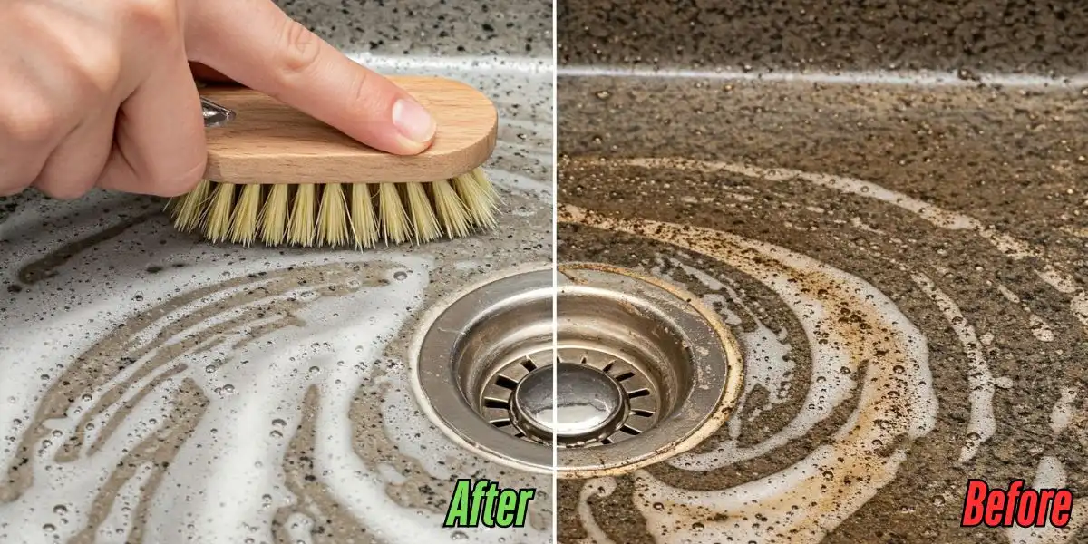 Granite composite sink being cleaned with a wooden brush, showing before and after results