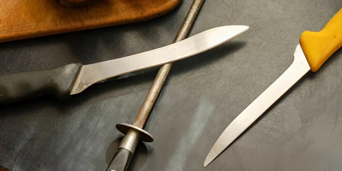 A boning knife and a fillet knife placed on a black surface with a honing steel