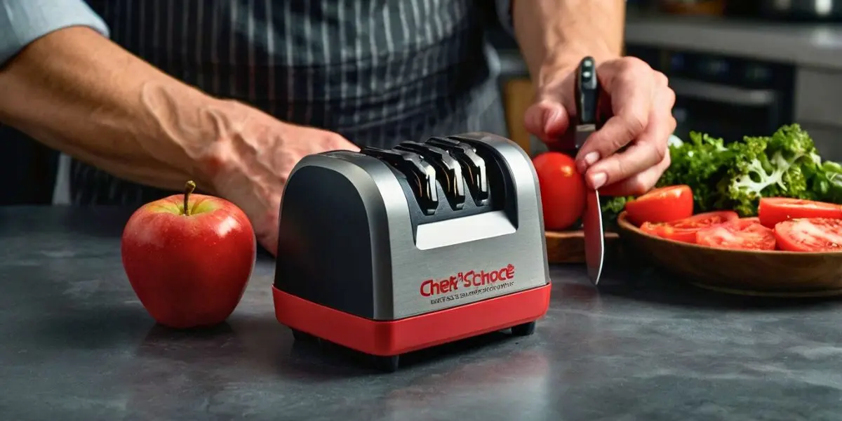 Chef using a Chef's Choice 2-stage knife sharpener while preparing fresh produce