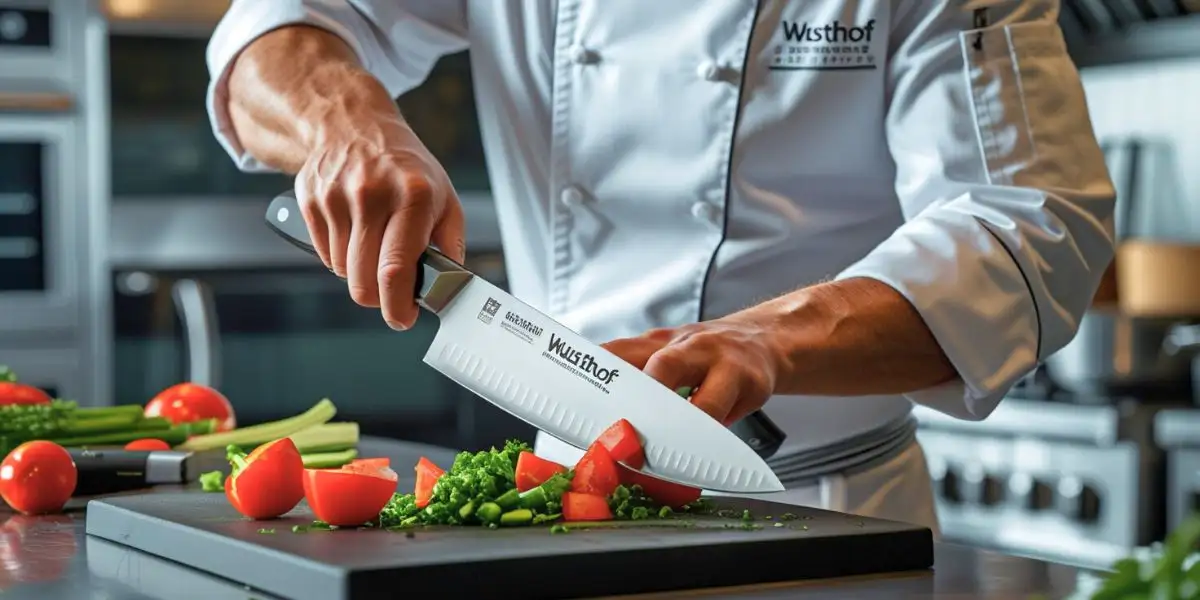 Gordon Ramsay is cutting some vegetables with his favorite knife